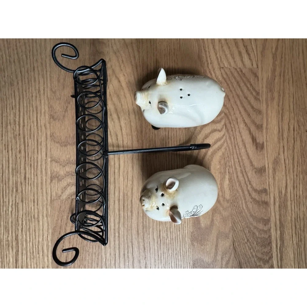 Farmhouse Pig Salt and Pepper Shakers with Metal Basket Caddy Kitchen Decor